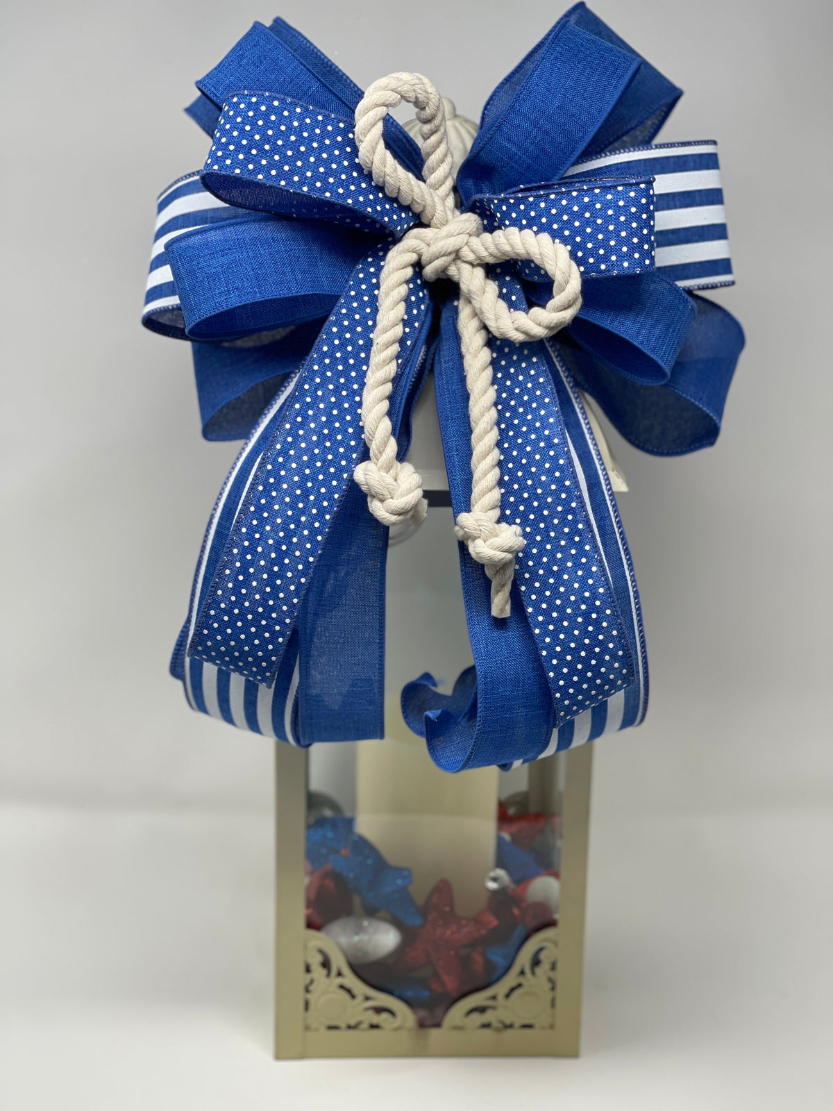 Nautical Blue And White Rope Bow Set, Coastal Lantern Bow, Patriotic Mailbox Bow, Beach House Decor, Front Door Bow Set
