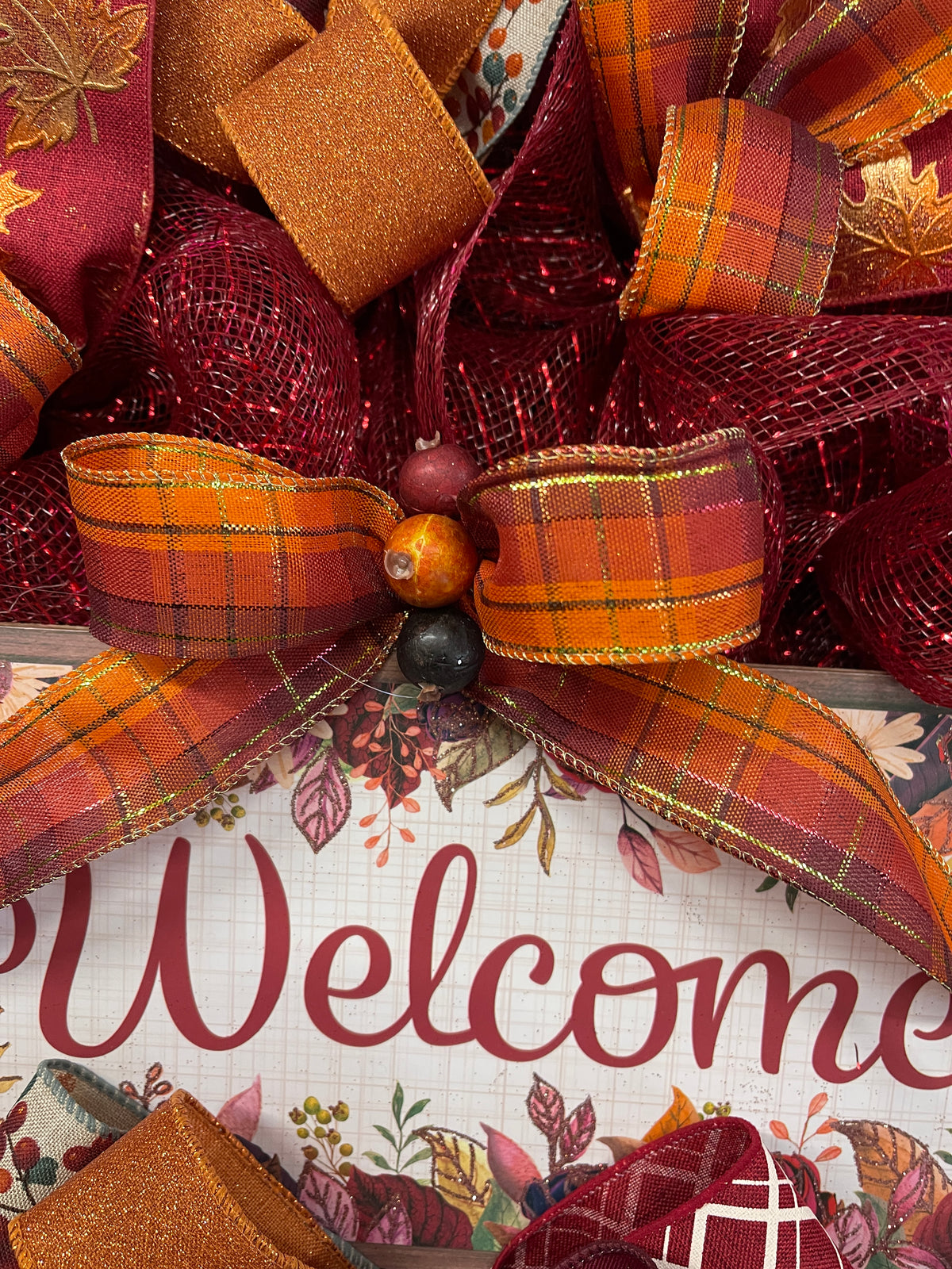 Autumn Welcome Wreath – Fall Front Door Decor with Burgundy, Orange, and Plaid Ribbons – Thanksgiving or Harvest Home Accent, KatsCreationsNMore