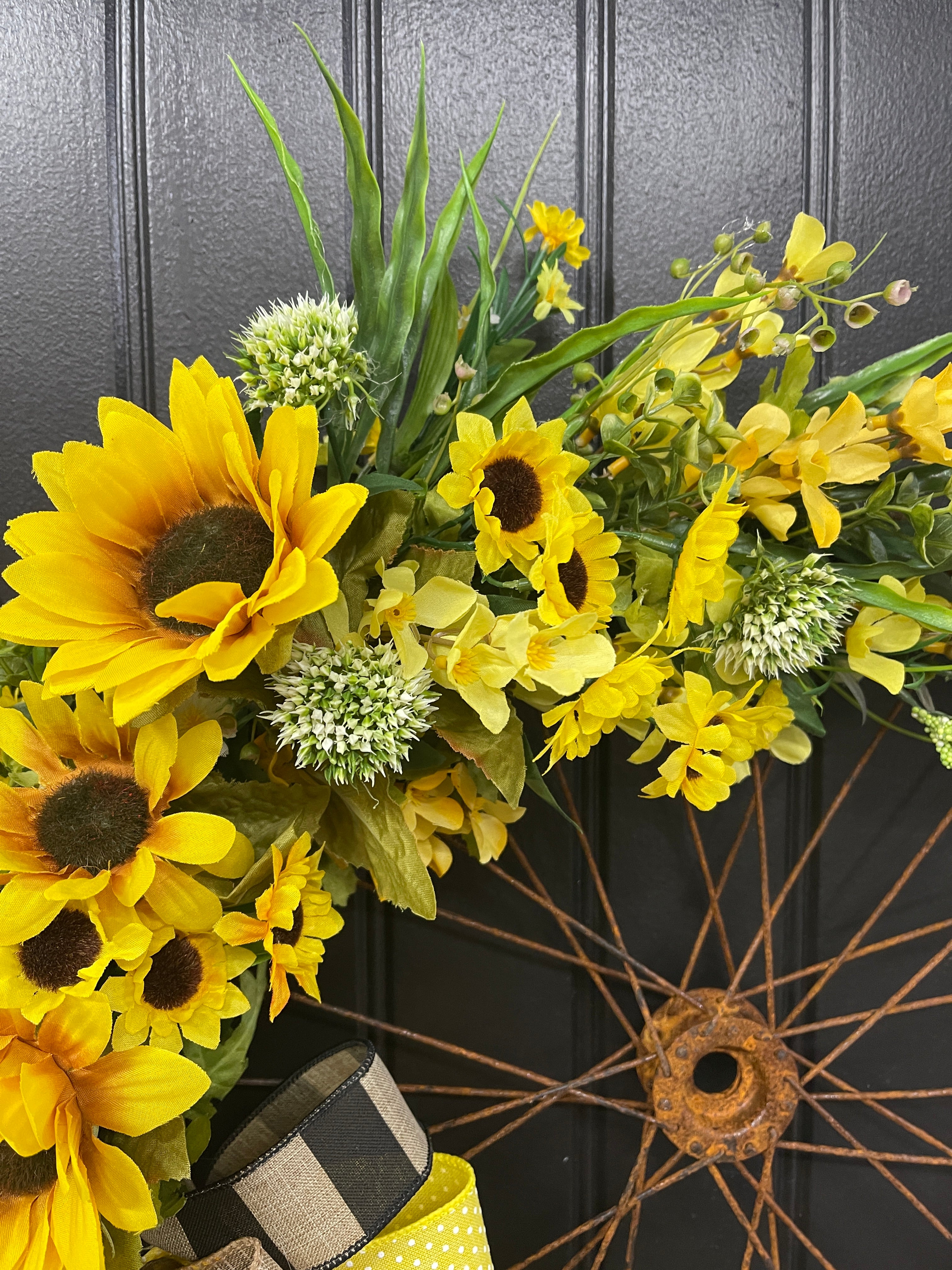 Summer Sunflower Floral Bike Wheel Wreath, KatsCreationsNMore