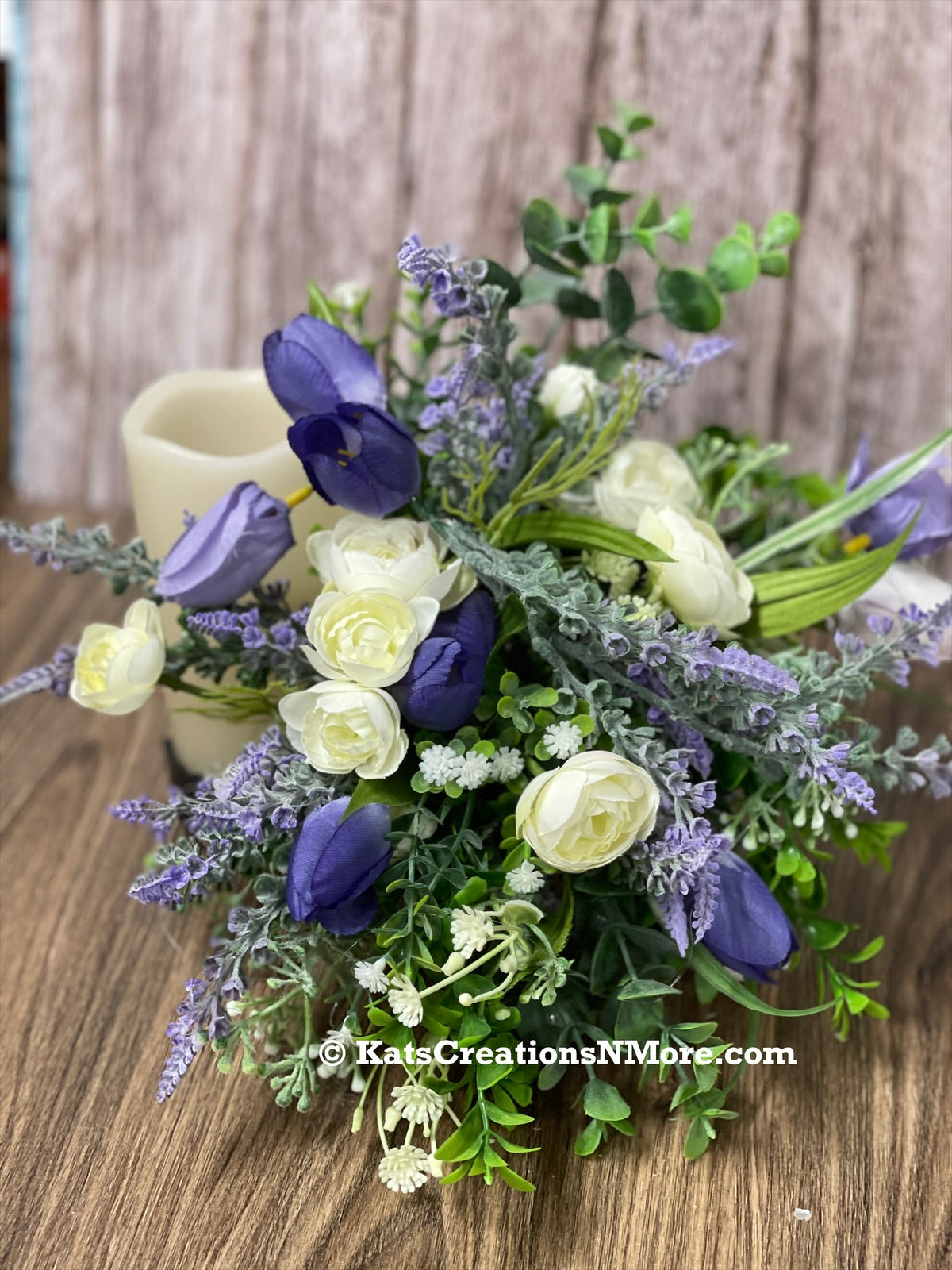 Spring Purple Tulips and Cream Ranunculus Bottle Bouquet, Floral Bridal or Baby Shower Centerpieces, Candle Holders, KatsCreationsNMore
