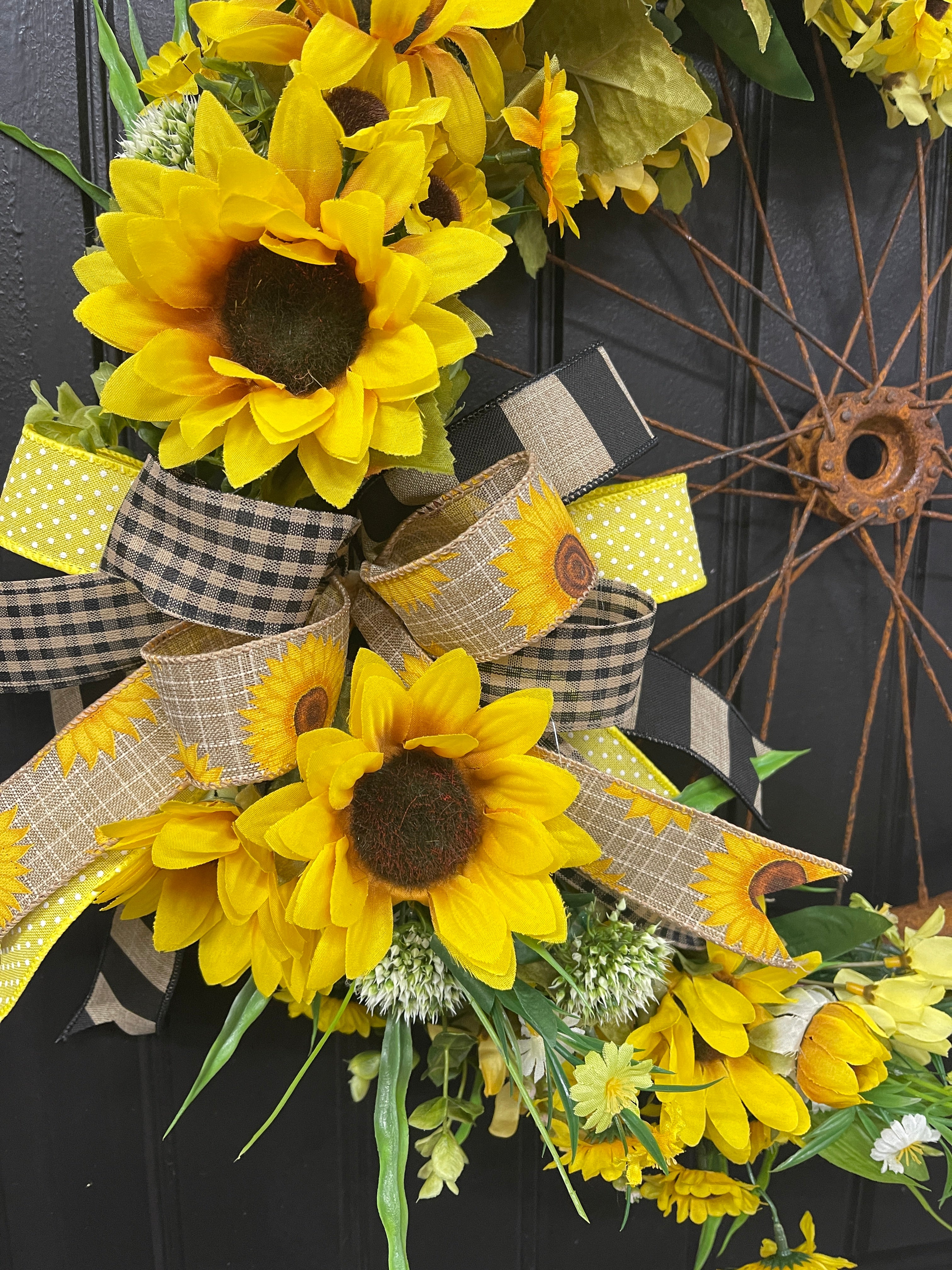 Summer Sunflower Floral Bike Wheel Wreath, KatsCreationsNMore