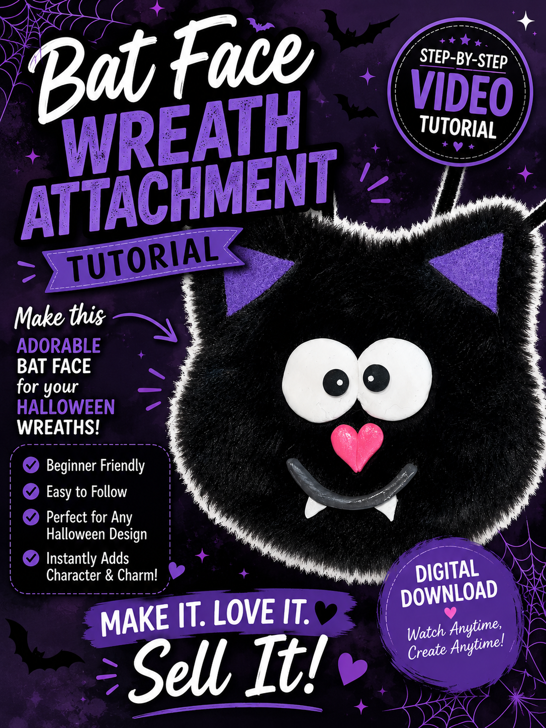Bat Face Halloween Wreath Attachment Tutorial (Digital Download)