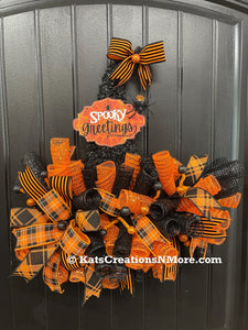 Halloween Witch Hat Spooky Greetings Wreath by KatsCreationsNMore