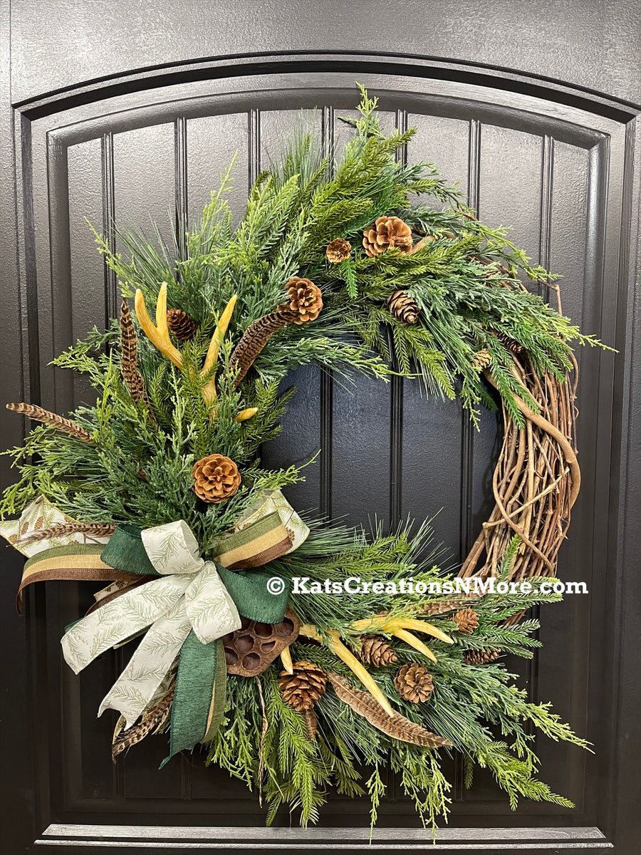 Norfolk Cedar and Pine Grapevine Antler Pheasant Wreath, Year