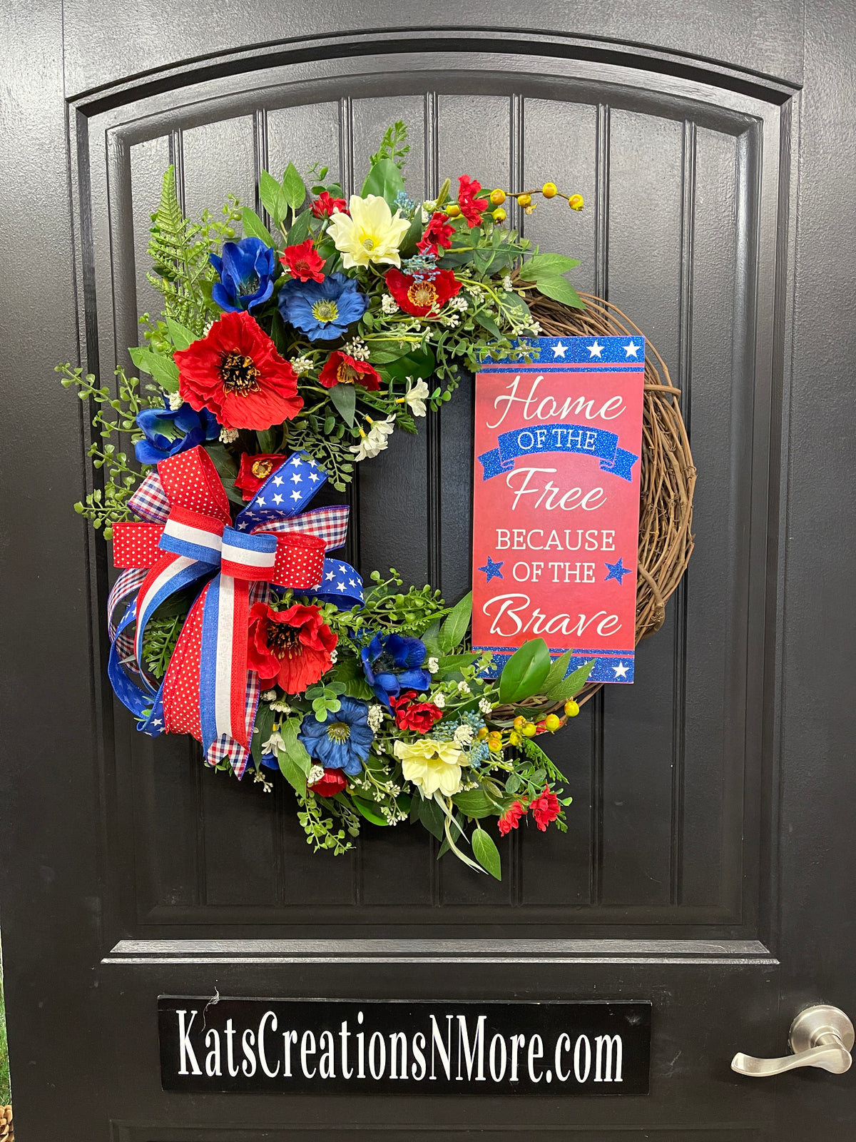 Patriotic Floral Grapevine Wreath with Removable “Home of the Free Because of the Brave” Sign – Red, White & Blue Summer Door Decor – Memorial Day, 4th of July, Veteran Gift, KatsCreationsNMore