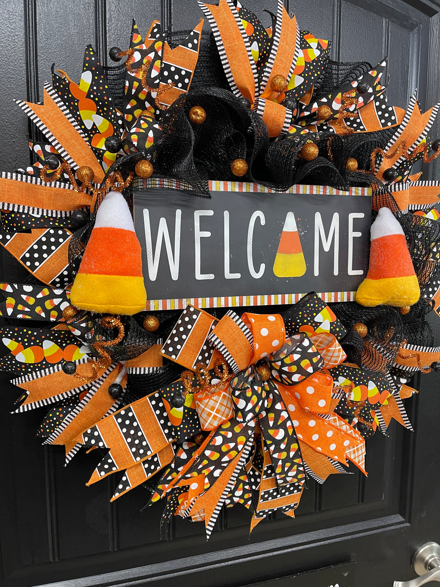 Halloween newest Candy Corn Wreath with Cute Witch Sign