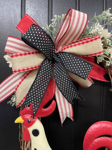 Close Up of Upper Bow using Black, Red, White and Tan Colored Ribbons with Polka Dots, Gingham and Ticking Patterns on Grapevine Wreath