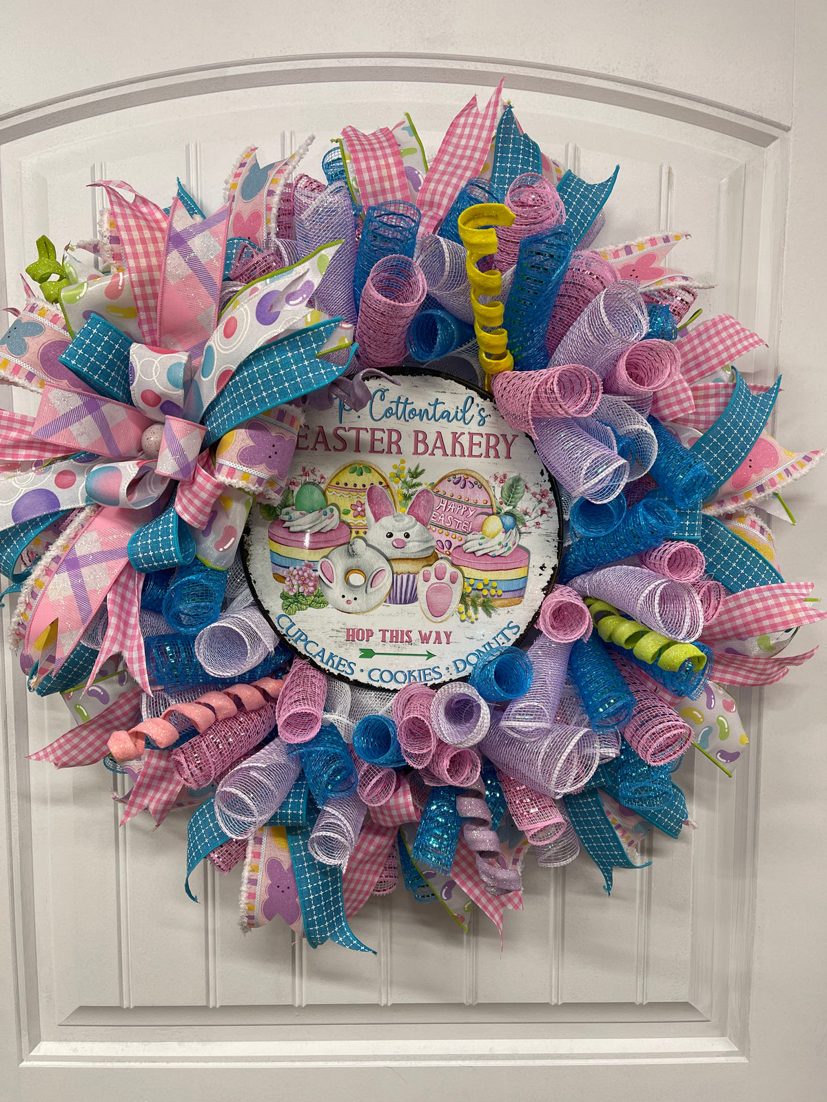 Peter Cottontail Easter Bunny Pastel Blue, Pink and White Bakery Deco Mesh Wreath