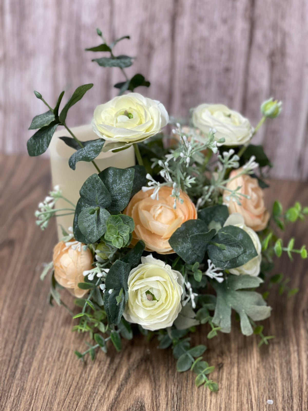 Spring Floral Centerpiece, Mothers Day Gift Bottle Bouquet, Peach and White Ranunculus Candle Holder, KatsCreationsNMore