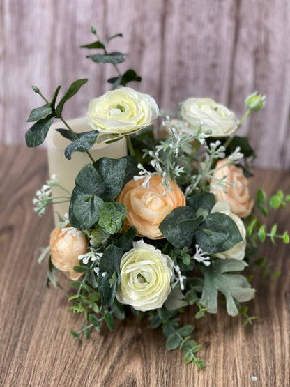 Spring Floral Centerpiece, Mothers Day Gift Bottle Bouquet, Peach and White Ranunculus Candle Holder, KatsCreationsNMore