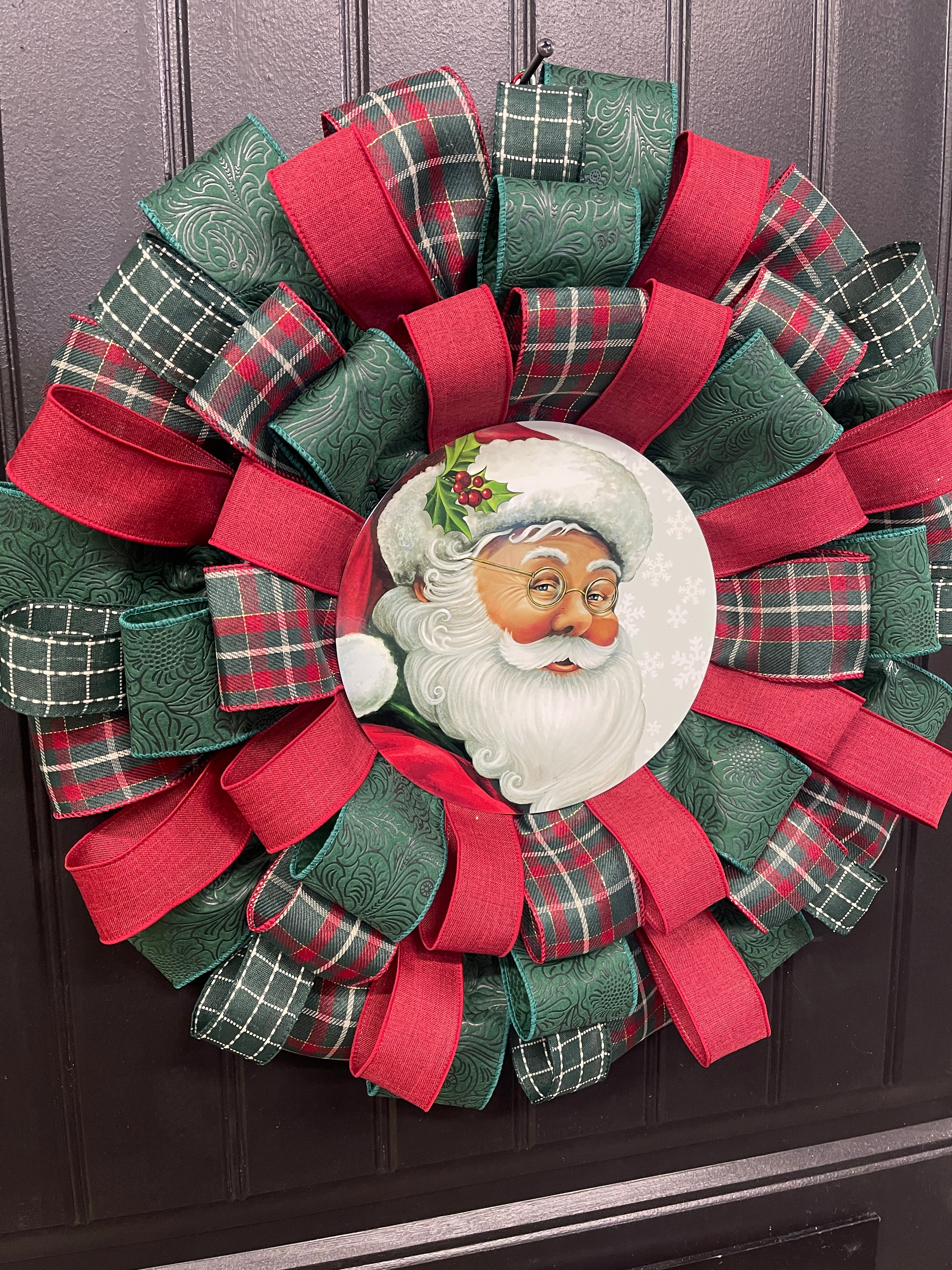 Classic Santa Christmas Ribbon Wreath, Holiday Front Storm Door Decor, KatsCreationsNMore