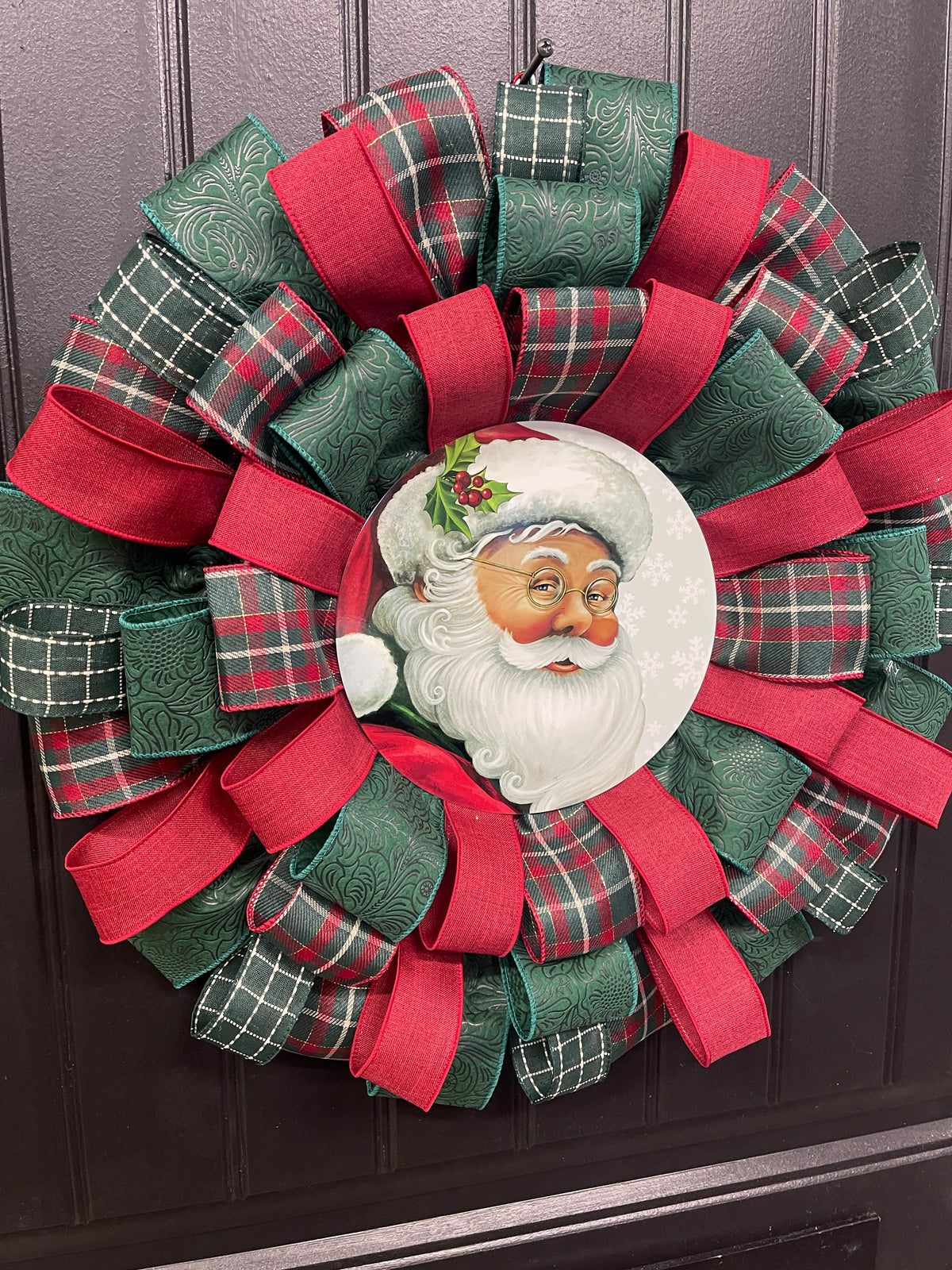 Classic Santa Christmas Ribbon Wreath, Holiday Front Storm Door Decor, KatsCreationsNMore