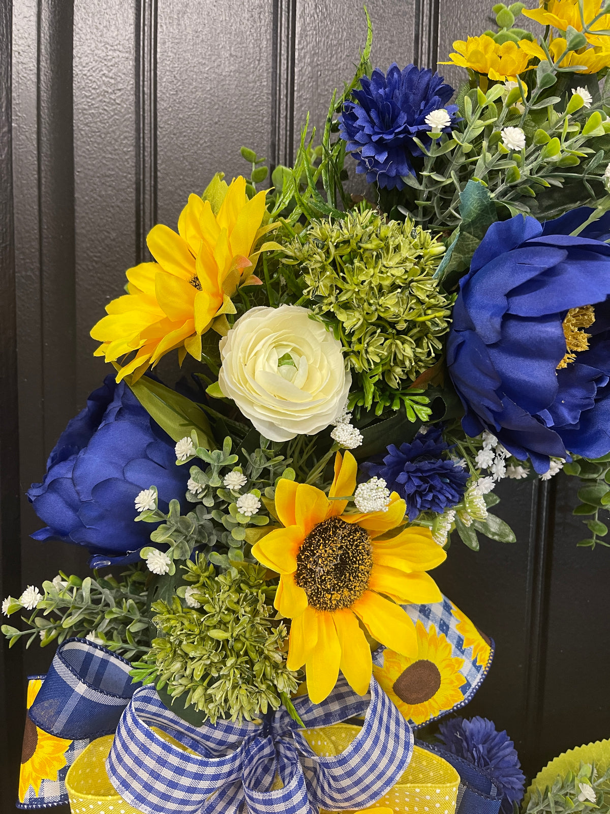 Sunflower and Peony Grapevine Wreath – Yellow and Blue Summer Door Decor - KatsCreationsNMore