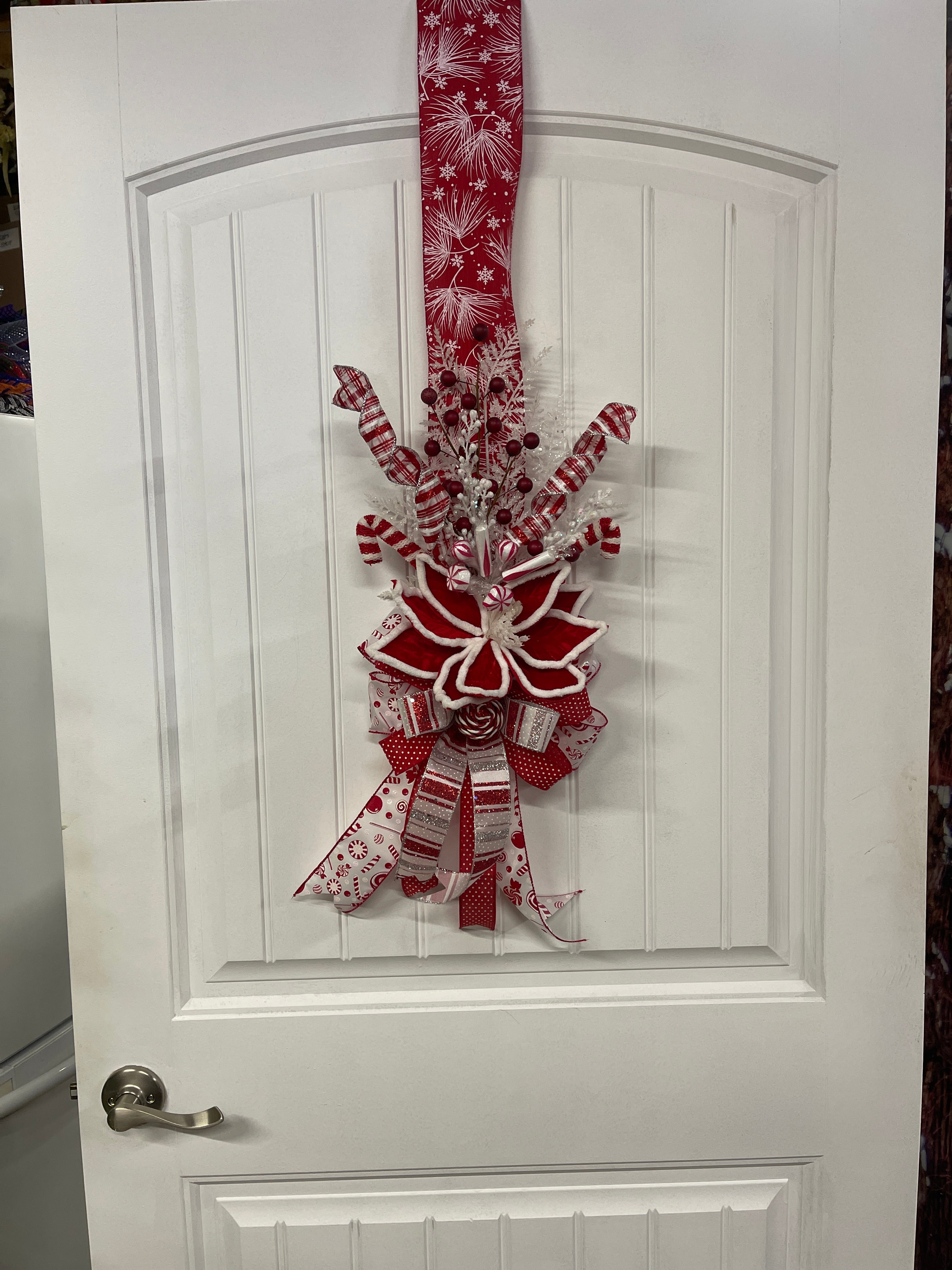 Double Sided Candy Cane Poinsettia Door Ribbon Swag, Holiday Storm Door Decor, KatsCreationsNMore