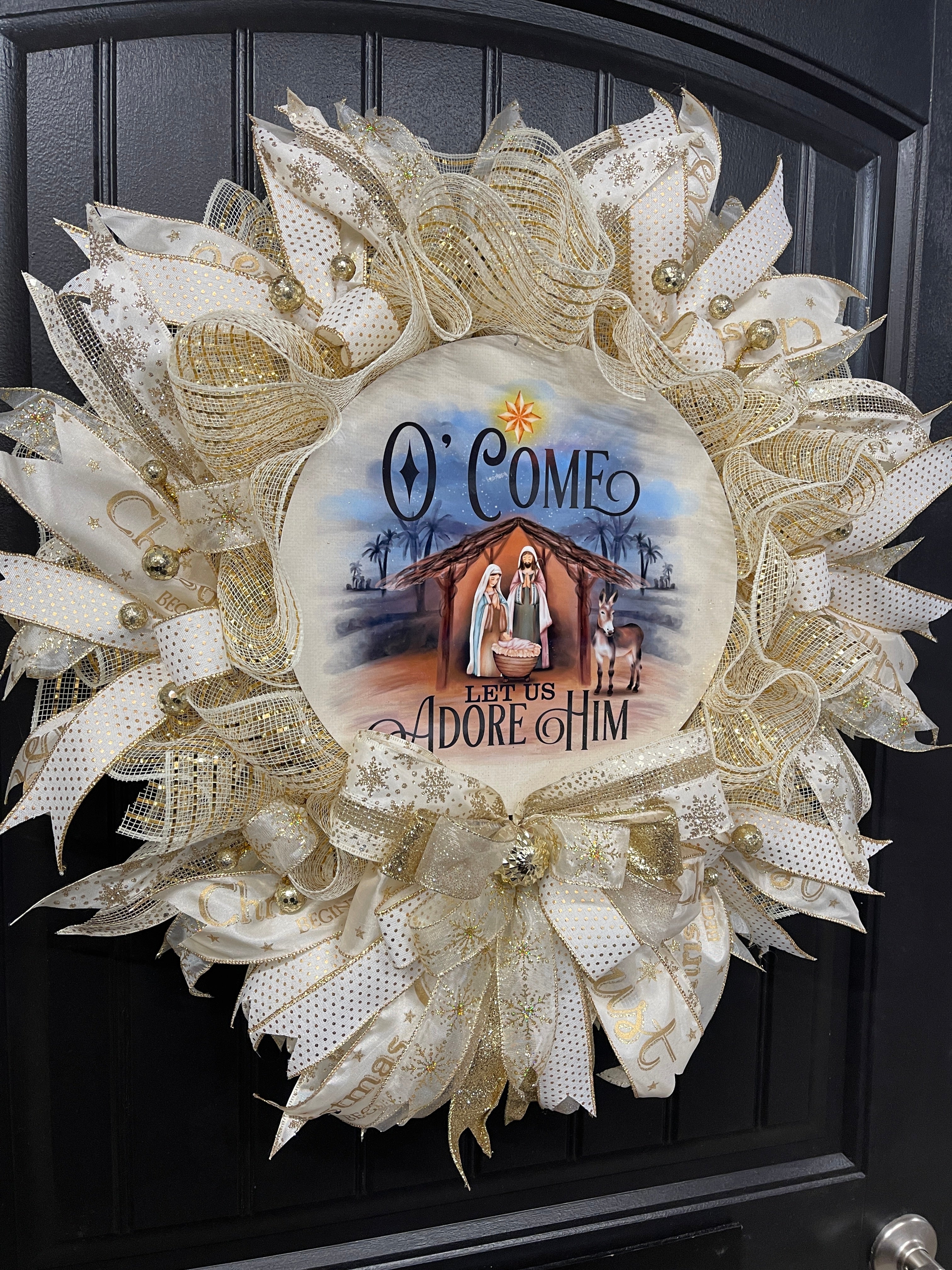 O Come Let Is Adore Him Christmas Wreath, Religious Front Door Winter Decor, Gift for Pastor, KatsCreationsNMore