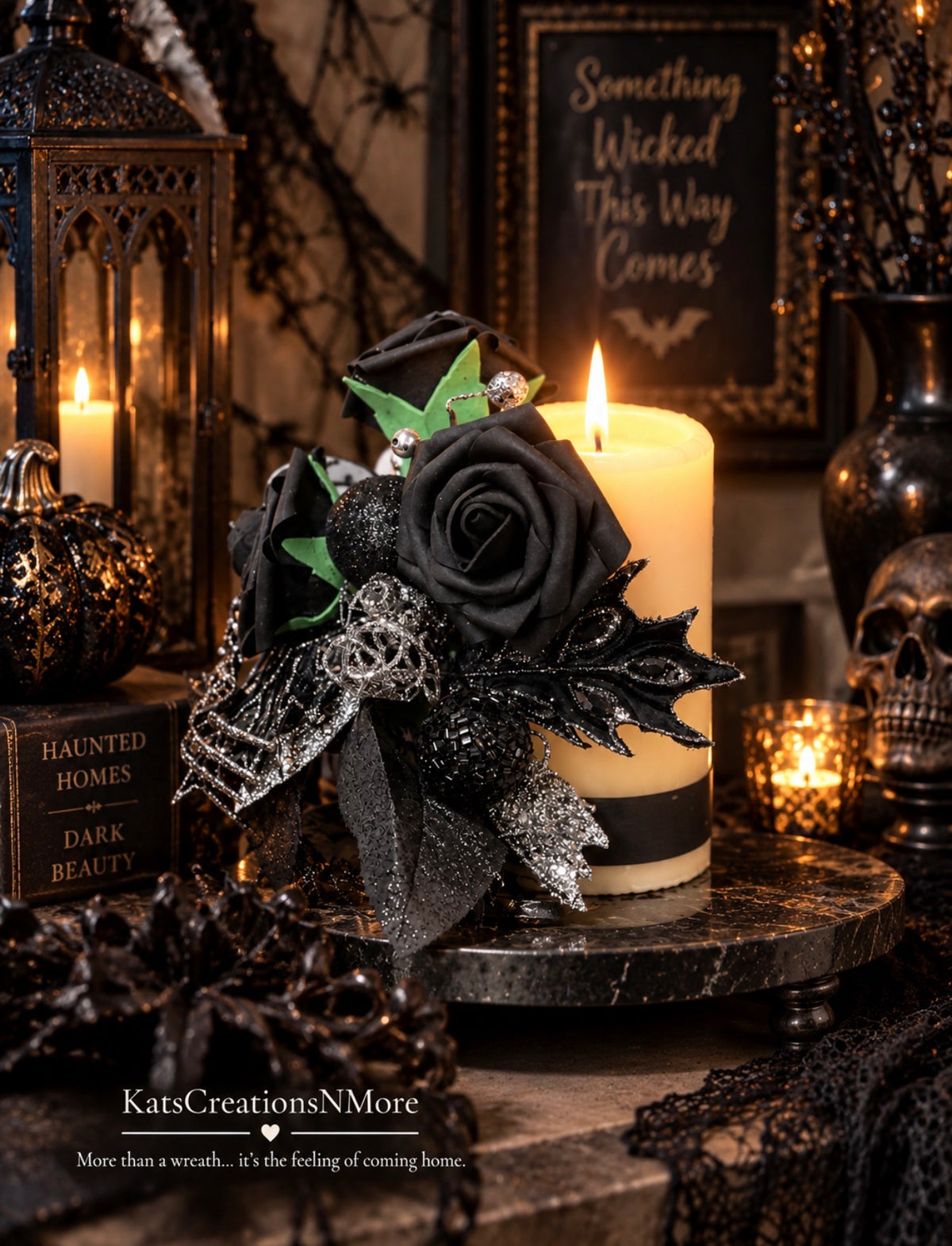 Halloween Floral Bottle Bouquet, Spooky Black Rose Centerpiece, Spider Candle Holder Arrangement, KatsCreationsNMore