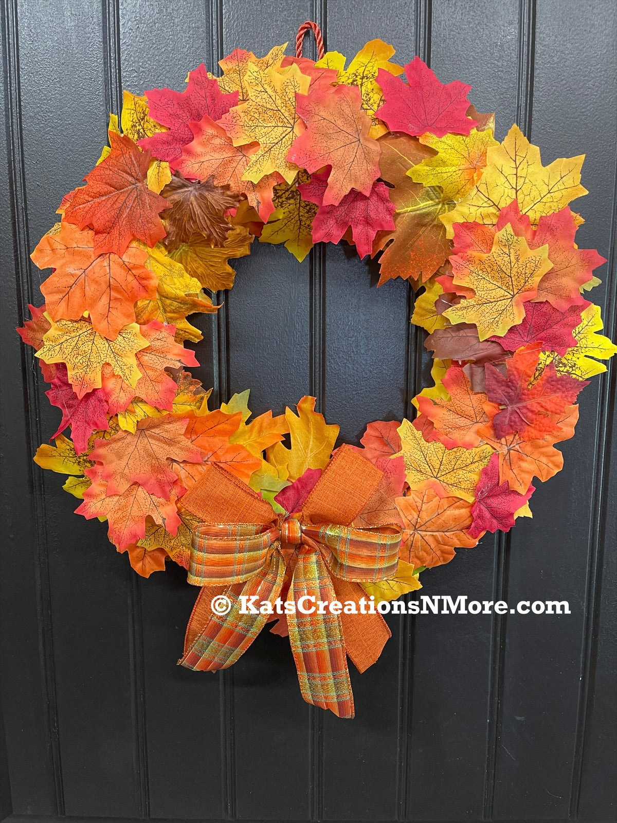 Handmade Fall Wreath – Maple Leaves & Plaid Ribbon – Front Door Ready - Storm Door Friendly - KatsCreationsNMore