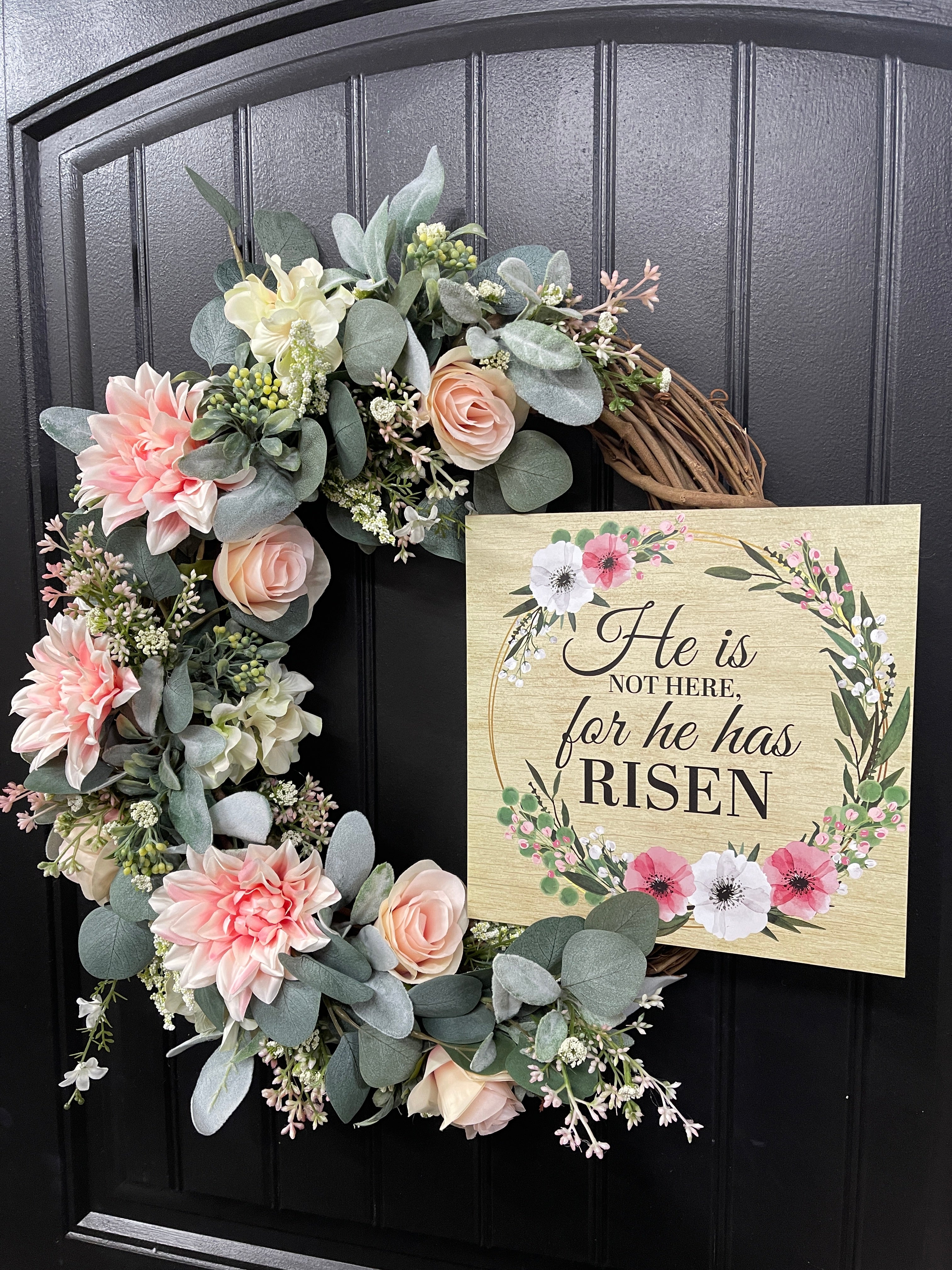 He is Risen Easter Floral Grapevine Wreath, Spring Resurrection Faith Front Door Decor, KatsCreationsNMore