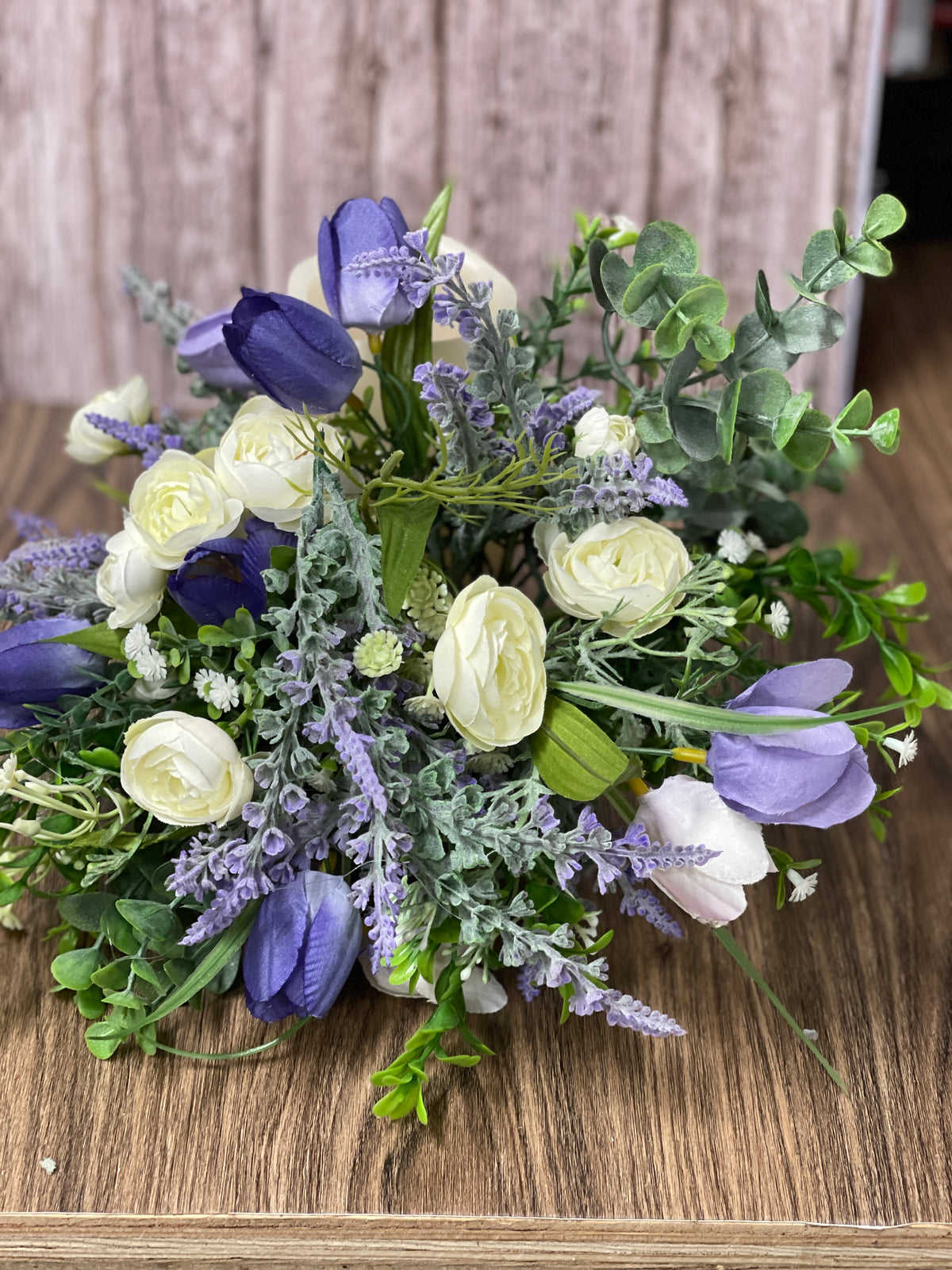 Spring Purple Tulips and Cream Ranunculus Bottle Bouquet, Floral Bridal or Baby Shower Centerpieces, Candle Holders, KatsCreationsNMore