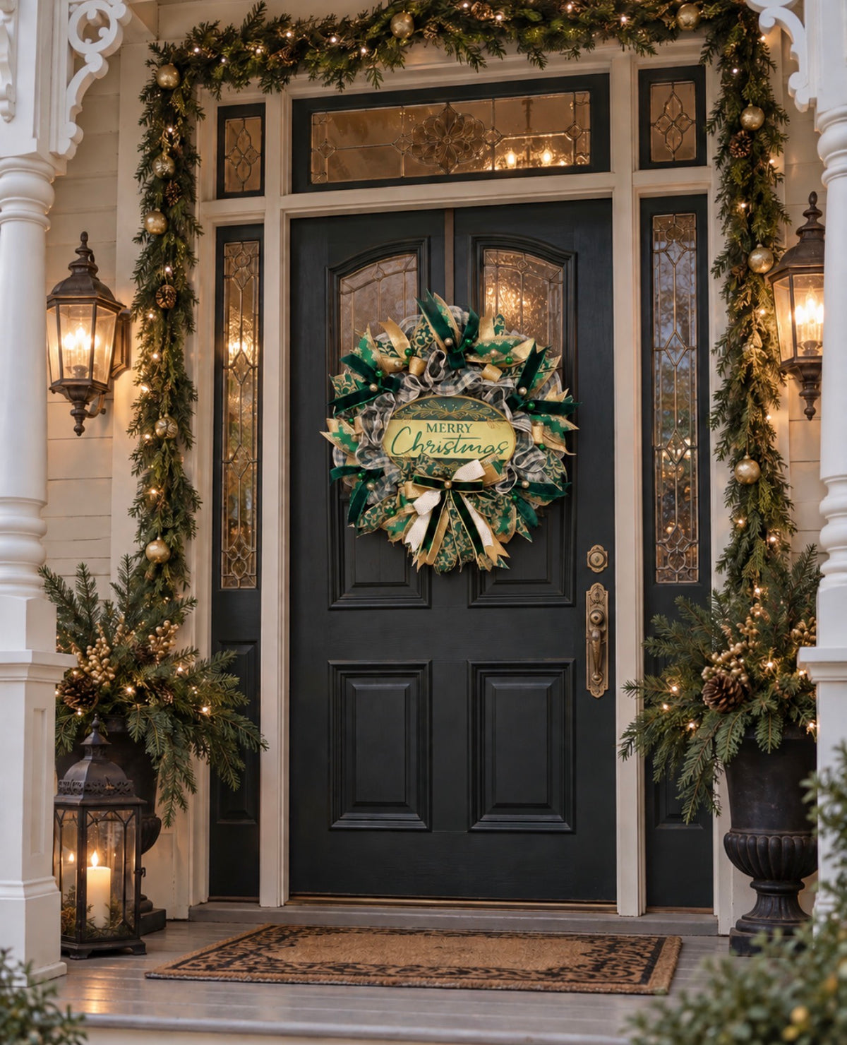 Elegant Victorian Green & Gold Merry Christmas Wreath | Handmade Holiday Door Decor | Velvet Ribbon Christmas Wreath | KatsCreationsNMore