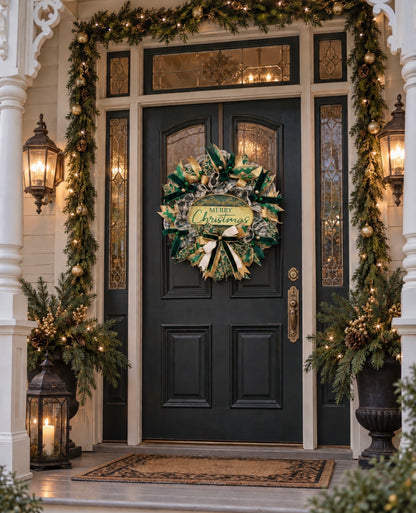 Elegant Victorian Green & Gold Merry Christmas Wreath | Handmade Holiday Door Decor | Velvet Ribbon Christmas Wreath | KatsCreationsNMore