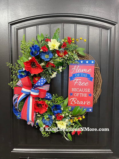 Patriotic Floral Grapevine Wreath with Removable “Home of the Free Because of the Brave” Sign – Red, White & Blue Summer Door Decor – Memorial Day, 4th of July, Veteran Gift, KatsCreationsNMore