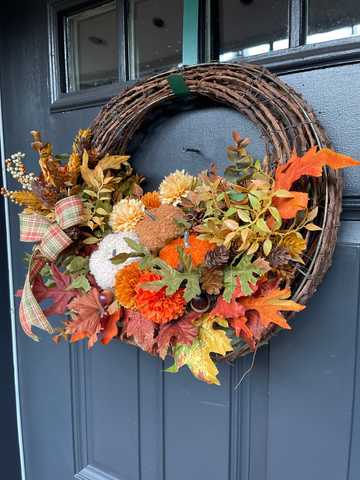 Fall Floral Basket, Pumpkin Grapevine Door Hanger, Autumn Floral Arrangement, Rustic Fall Front Door, Ready to Ship