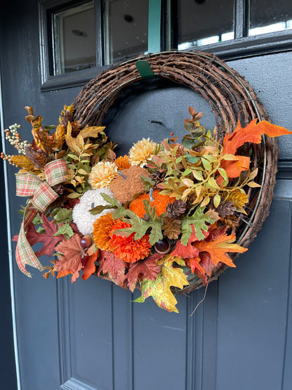 Fall Floral Basket, Pumpkin Grapevine Door Hanger, Autumn Floral Arrangement, Rustic Fall Front Door, Ready to Ship
