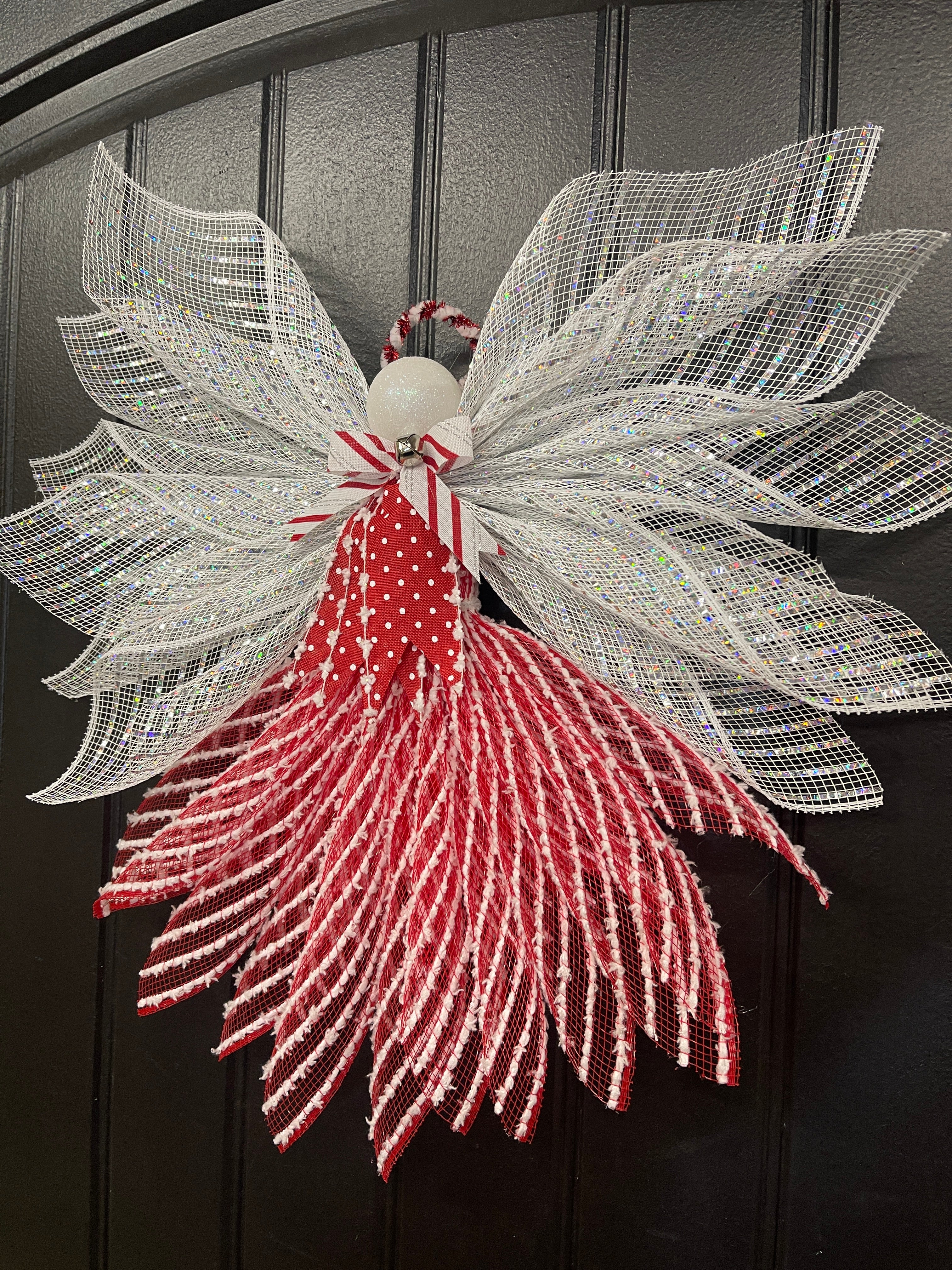 Peppermint Christmas Angel Tree Topper, Holiday Guardian Angel Wreath, Graveside Memorial, KatsCreationsNMore