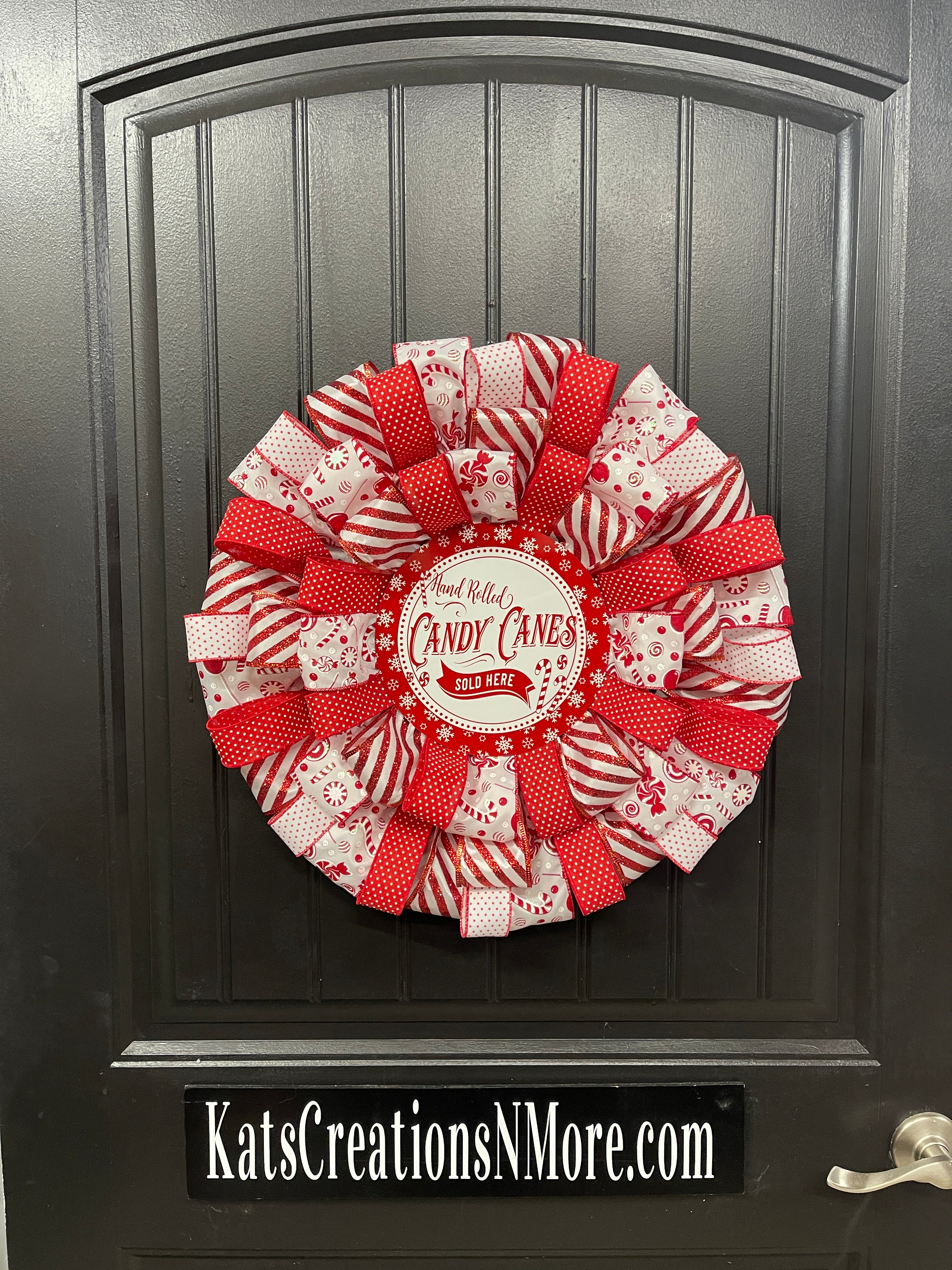 Candy Cane Christmas Ribbon Wreath, Winter Holiday Front Door Decor, Seasonal Porch Decoration, KatsCreationsNMore