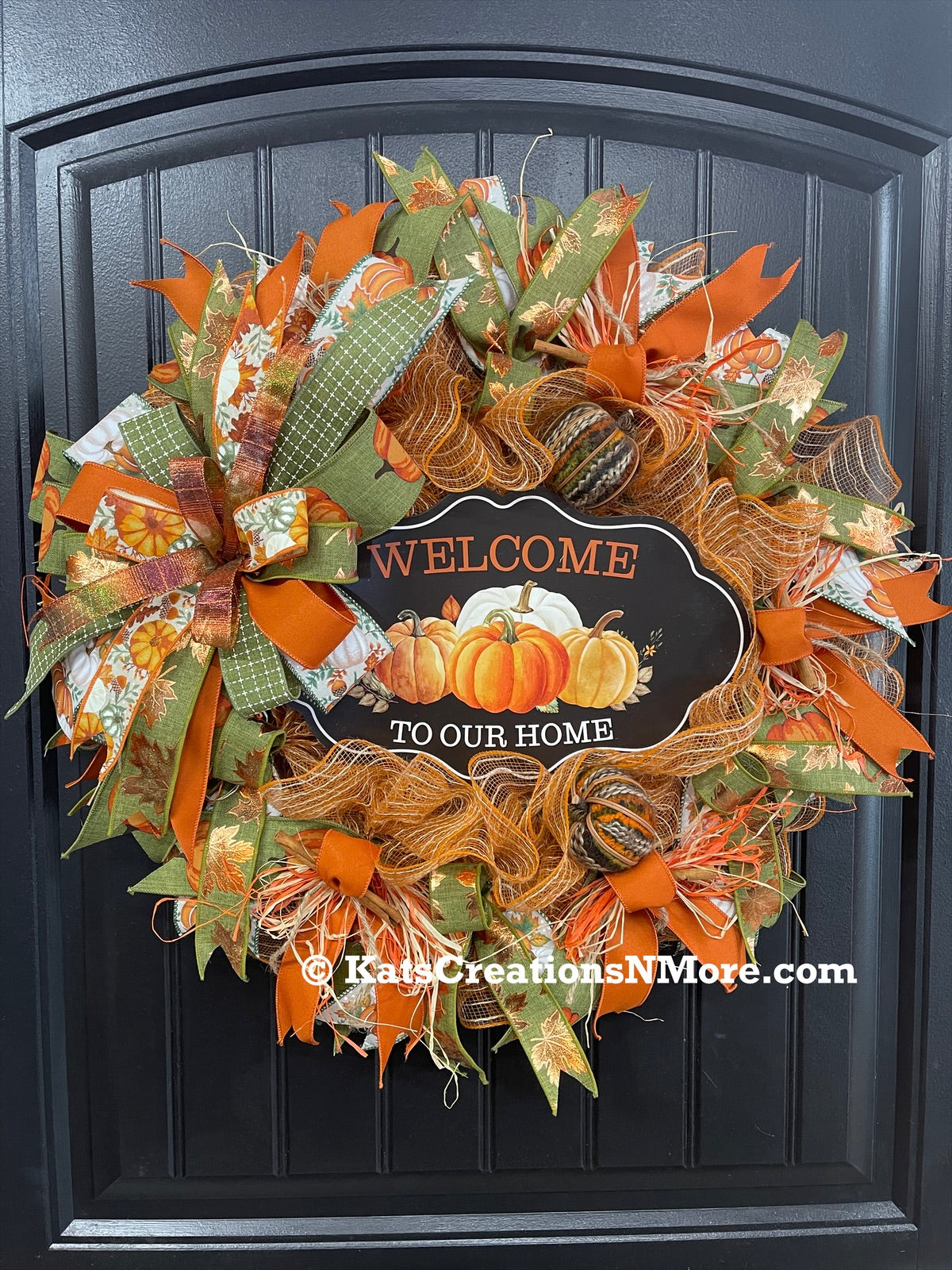 Welcome to Our Home Fall Pumpkin Wreath – Handmade Autumn Front Door Décor with Pumpkins, Cinnamon Sticks, Raffia & Rustic Ribbons, KatsCreationsNMore