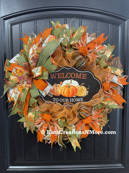 Welcome to Our Home Fall Pumpkin Wreath – Handmade Autumn Front Door Décor with Pumpkins, Cinnamon Sticks, Raffia & Rustic Ribbons, KatsCreationsNMore