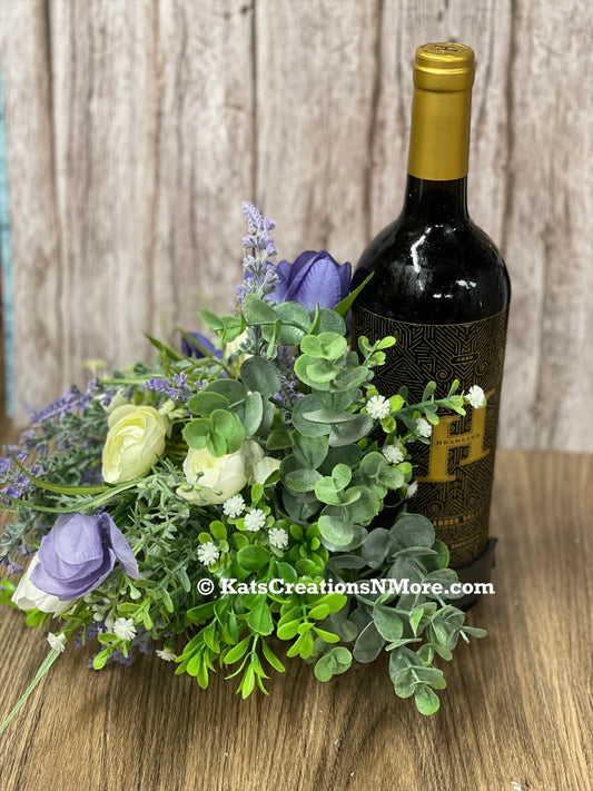 Spring Purple Tulips and Cream Ranunculus Bottle Bouquet, Floral Bridal or Baby Shower Centerpieces, Candle Holders, KatsCreationsNMore