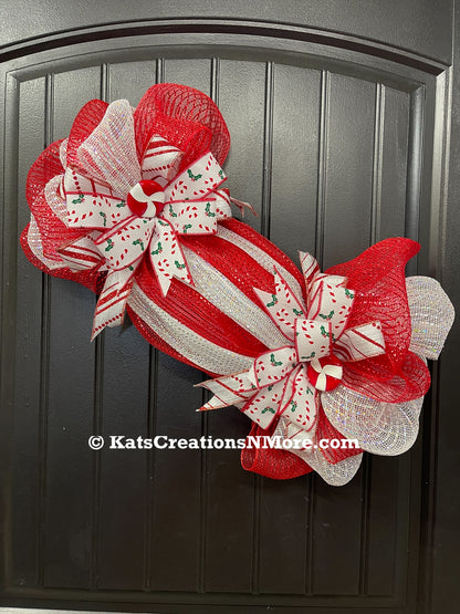 New Peppermint Wrapped Christmas Candy Wreath, Holiday Sweet Confectionery Door Hanger,