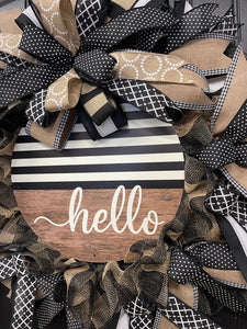 Everyday Hello Wreath, Black and Tan Farmhouse Front Door Decor, KatsCreationsNMore