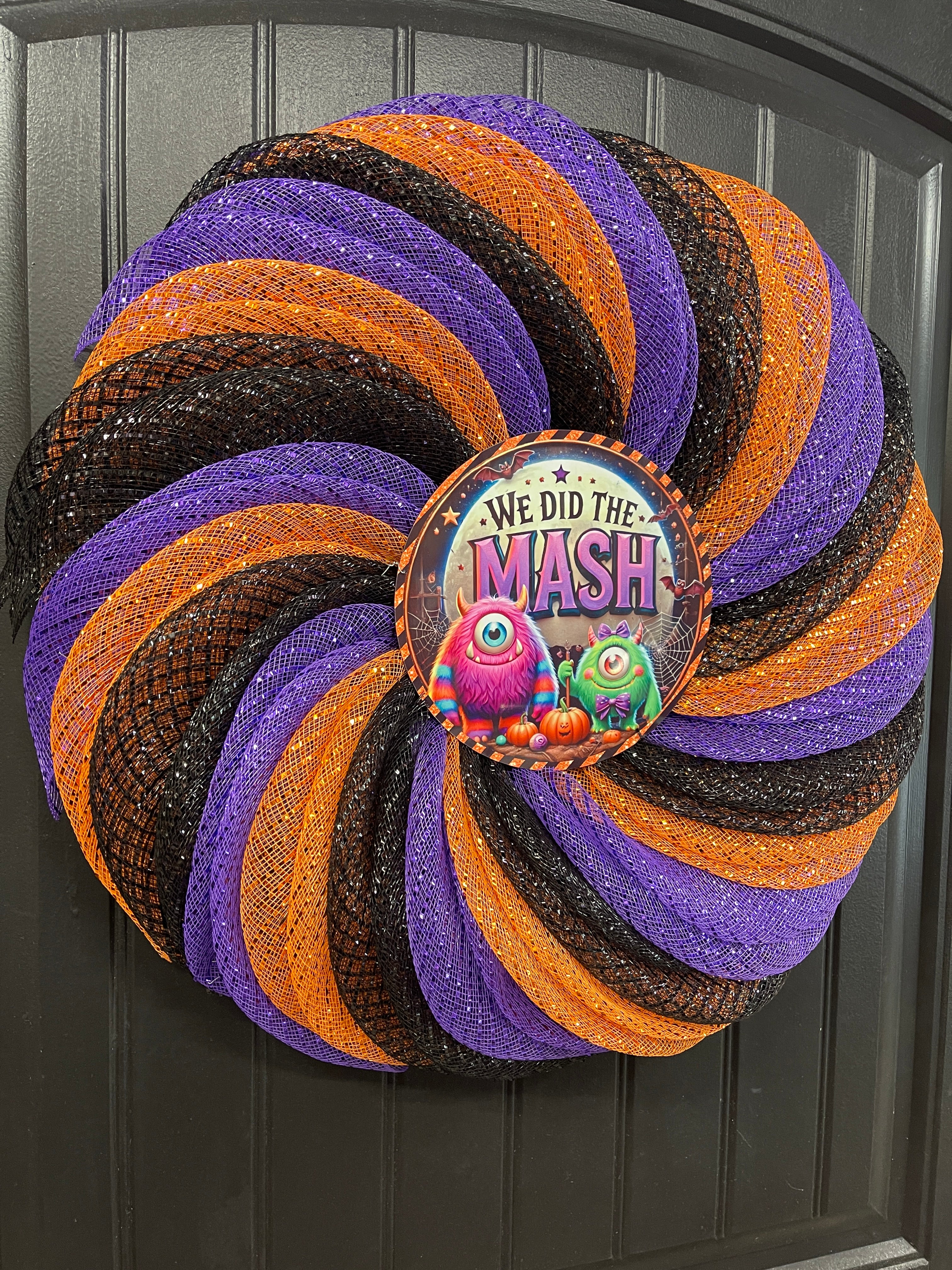 We Did the Mash Halloween Wreath – Monster Mash Spiral Deco Mesh Wreath in Orange, Black & Purple – Spooky Cute Door Decor - KatsCreationsNMore