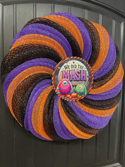 We Did the Mash Halloween Wreath – Monster Mash Spiral Deco Mesh Wreath in Orange, Black & Purple – Spooky Cute Door Decor - KatsCreationsNMore