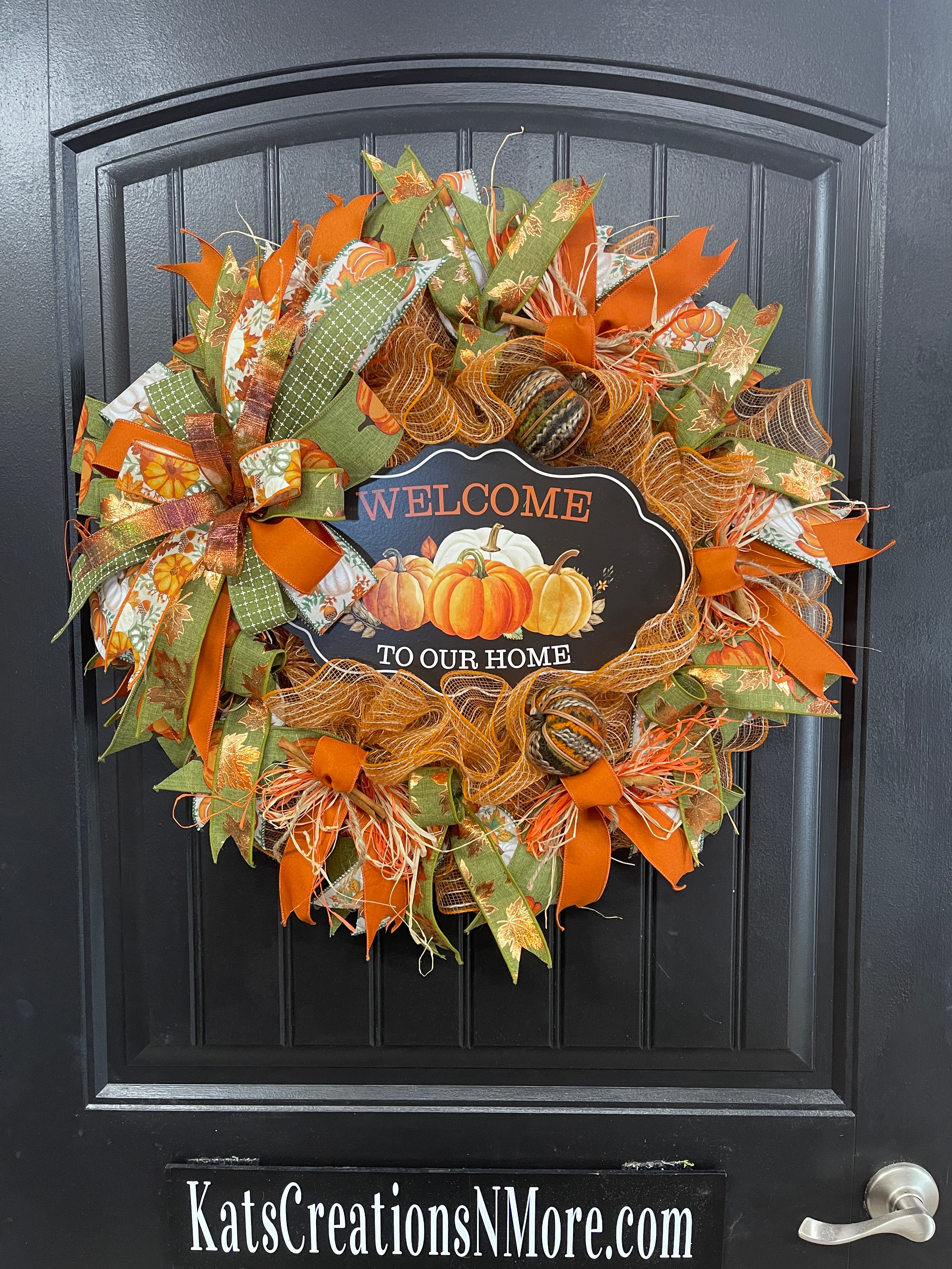 Welcome to Our Home Fall Pumpkin Wreath – Handmade Autumn Front Door Décor with Pumpkins, Cinnamon Sticks, Raffia & Rustic Ribbons, KatsCreationsNMore