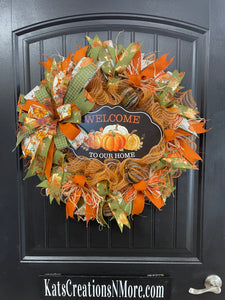 Welcome to Our Home Fall Pumpkin Wreath – Handmade Autumn Front Door Décor with Pumpkins, Cinnamon Sticks, Raffia & Rustic Ribbons, KatsCreationsNMore