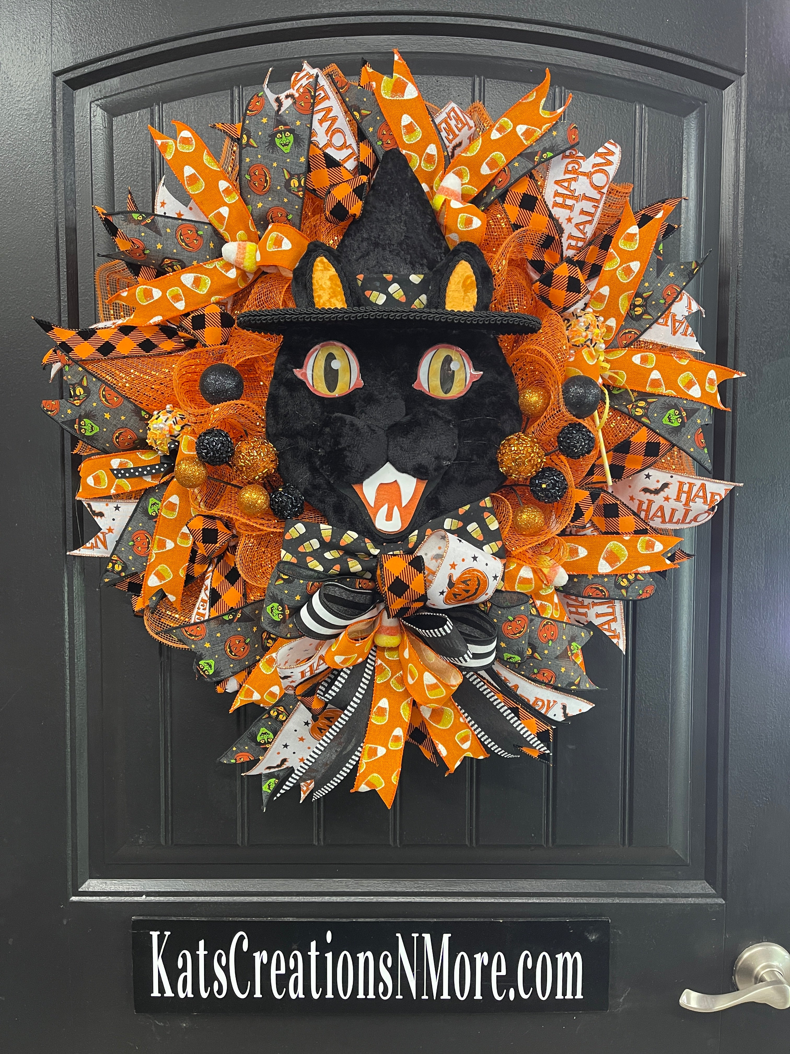 Retro Black Cat Vintage Halloween Wreath for Front Door by KatsCreationsNMore