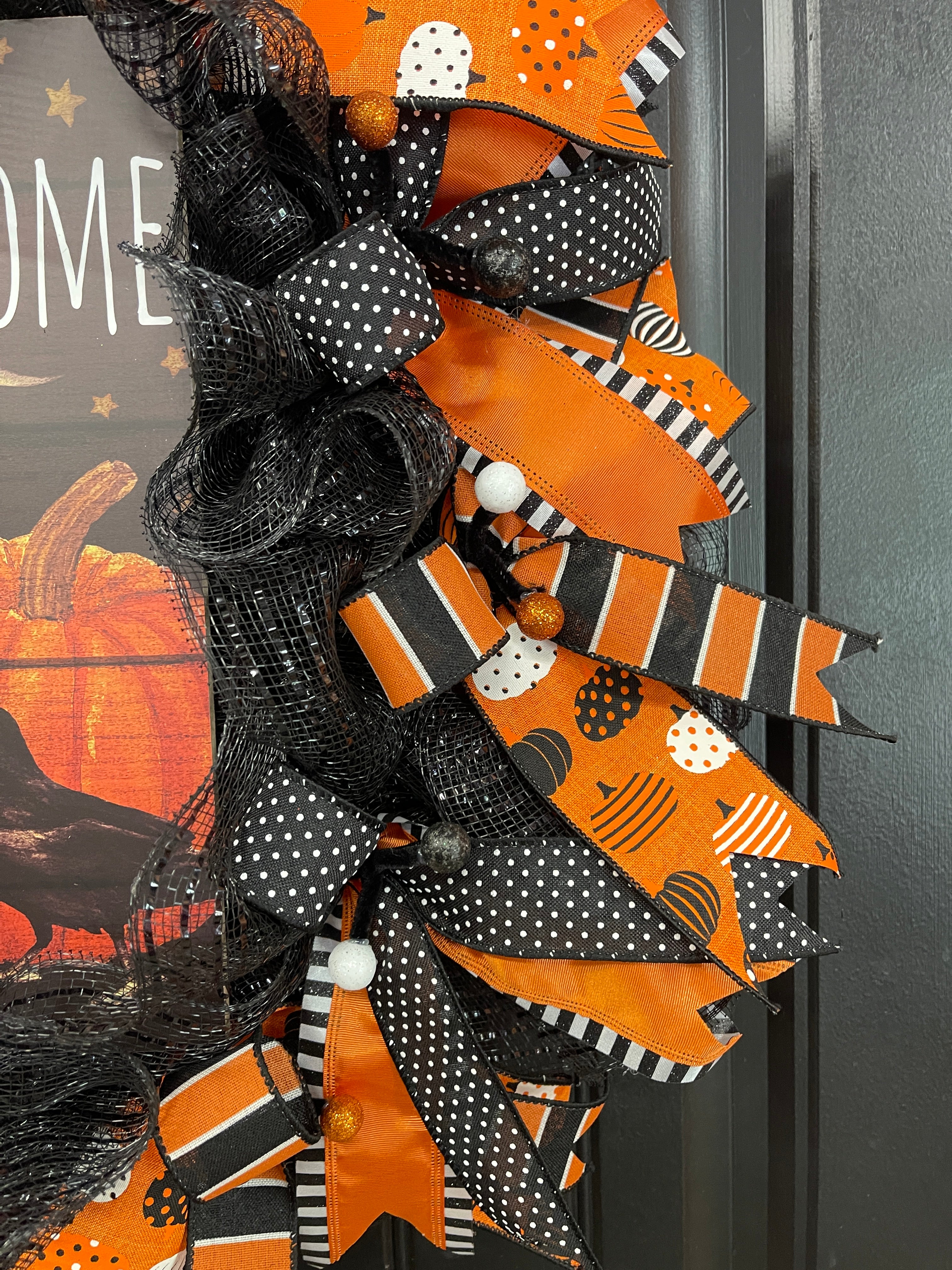 Halloween Welcome Wreath with Pumpkin & Raven Sign | Black & Orange Deco Mesh Front Door Wreath | Spooky Fall Porch Decor Handmade