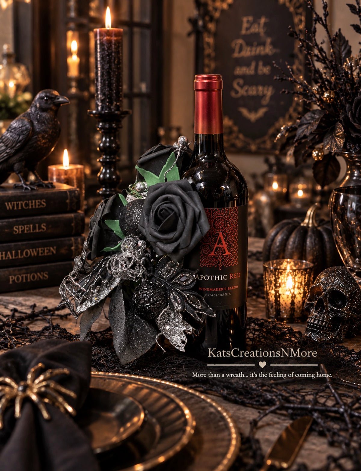Halloween Floral Bottle Bouquet, Spooky Black Rose Centerpiece, Spider Candle Holder Arrangement, KatsCreationsNMore