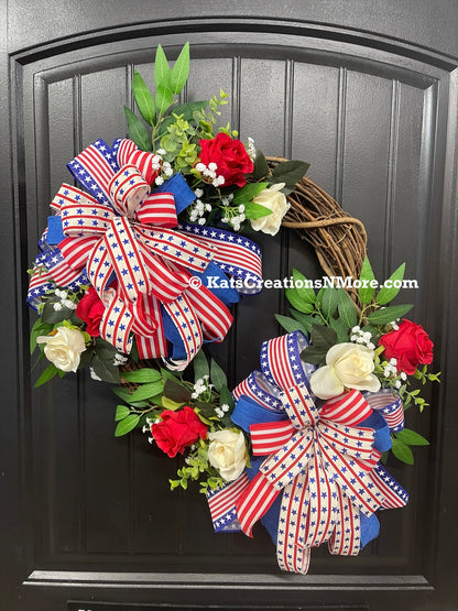 Patriotic Floral Rose Grapevine Double Bow Wreath, 4th of July Front Door Decoration, KatsCreationsNMore