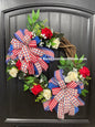 Patriotic Floral Rose Grapevine Double Bow Wreath, 4th of July Front Door Decoration, KatsCreationsNMore