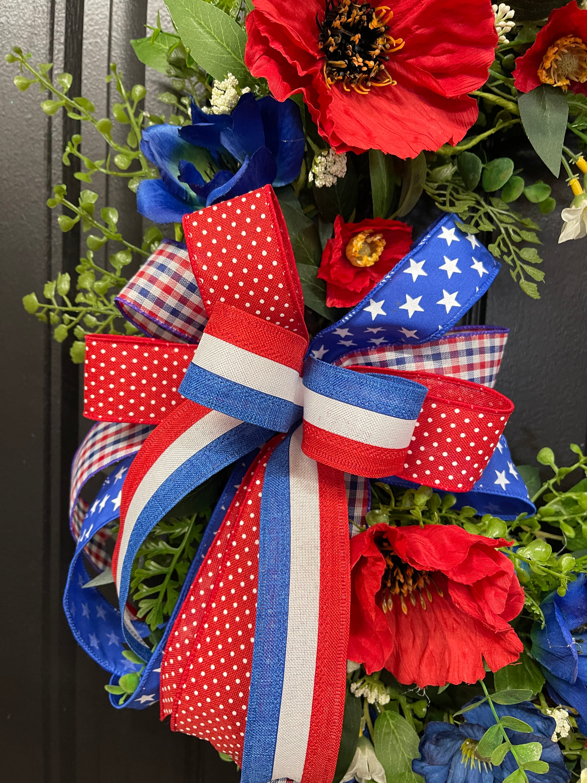 Patriotic Floral Grapevine Wreath with Removable “Home of the Free Because of the Brave” Sign – Red, White & Blue Summer Door Decor – Memorial Day, 4th of July, Veteran Gift, KatsCreationsNMore