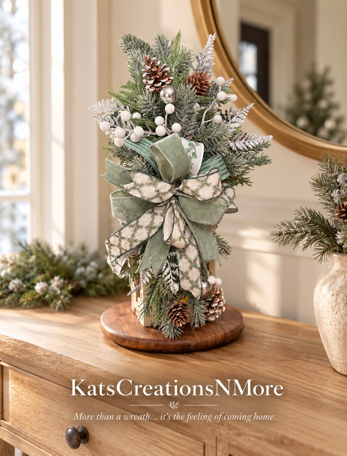 Winter Lantern Swag with Sage Bow & Frosted Greenery
