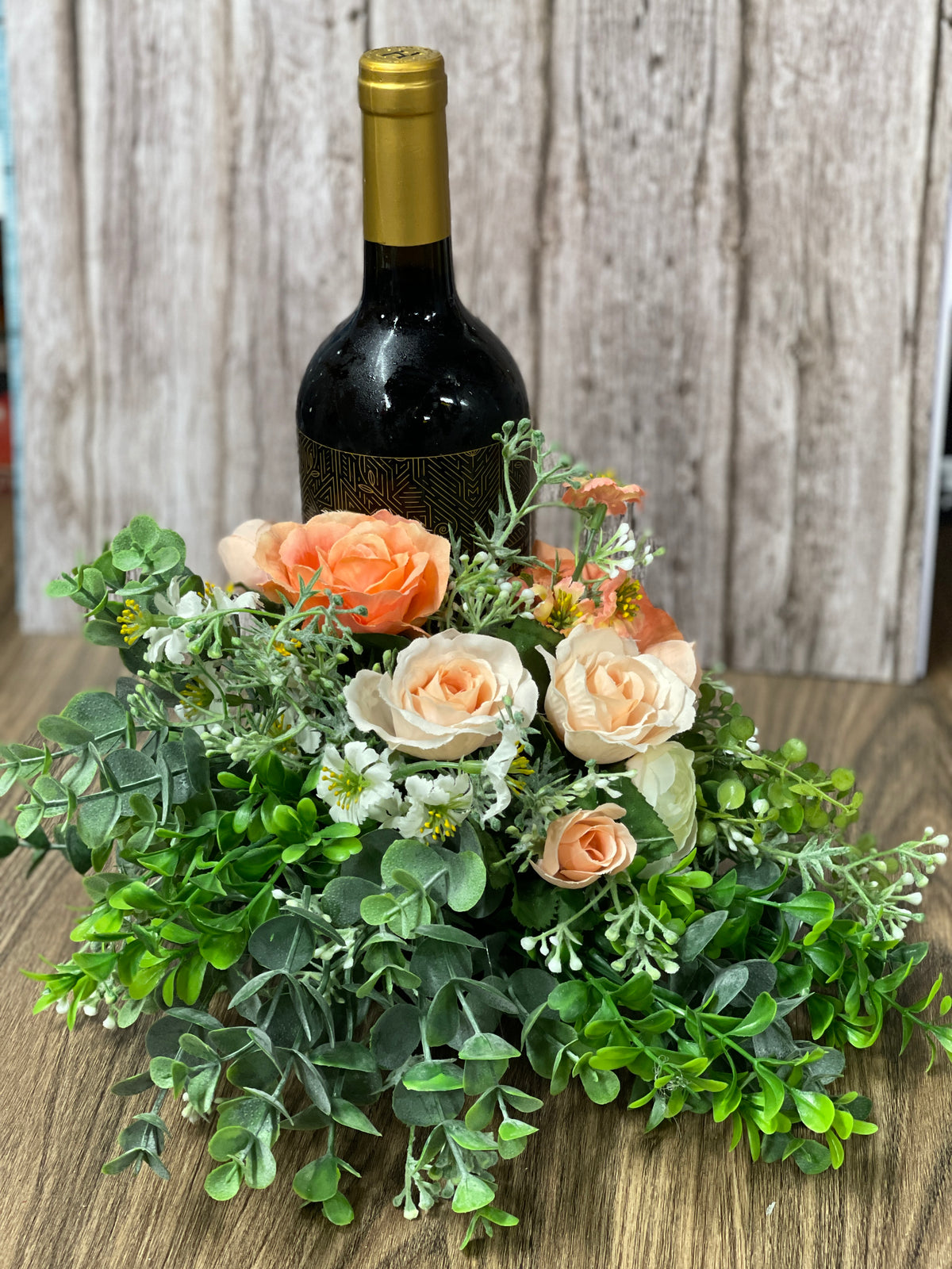 Spring Peach Rose and Ivory Ranuculus Bottle Bouquet, Floral Candle Holder, Table Centerpiece, Hostess Gift, Baby or Bridal Shower Arrangement, KatsCreationsNMore