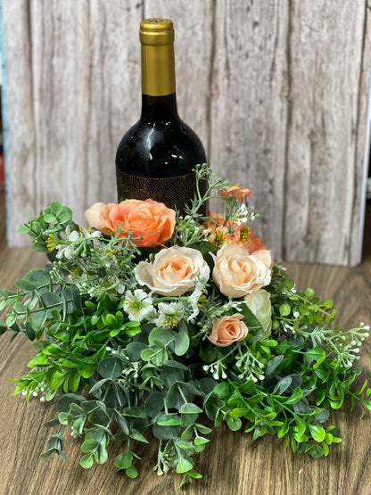 Spring Peach Rose and Ivory Ranuculus Bottle Bouquet, Floral Candle Holder, Table Centerpiece, Hostess Gift, Baby or Bridal Shower Arrangement, KatsCreationsNMore