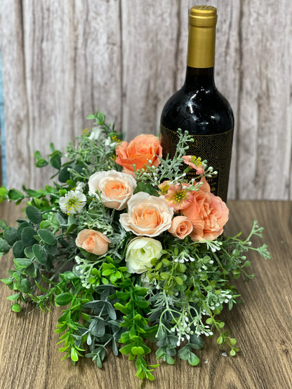 Spring Peach Rose and Ivory Ranuculus Bottle Bouquet, Floral Candle Holder, Table Centerpiece, Hostess Gift, Baby or Bridal Shower Arrangement, KatsCreationsNMore
