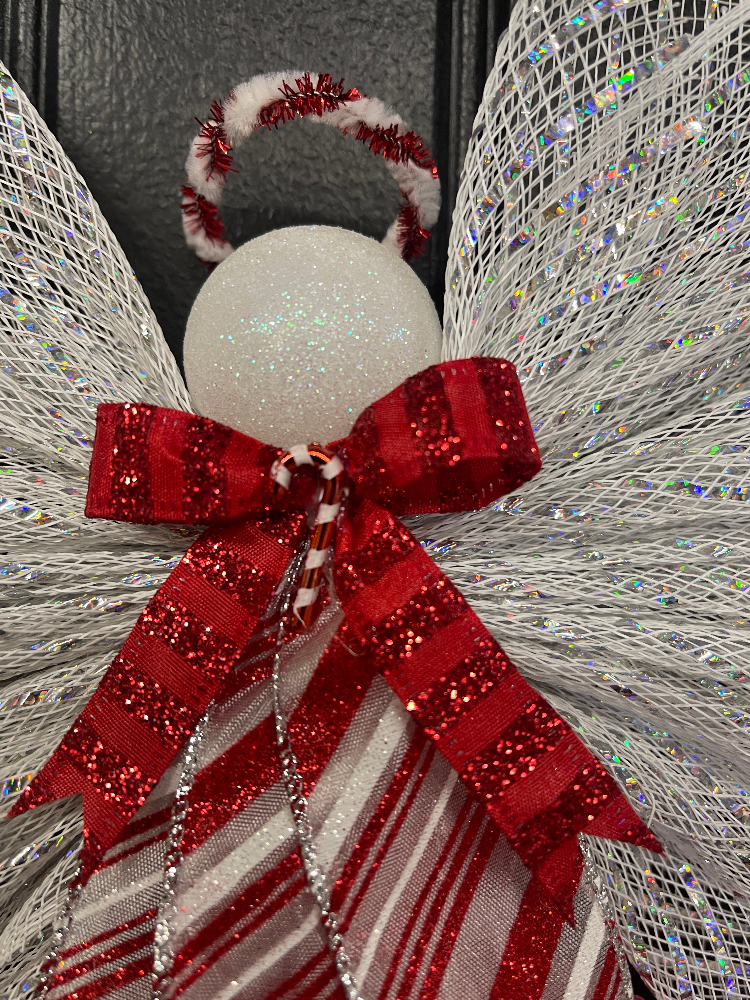 Candy Cane Christmas Angel Tree Topper, Holiday Guardian Angel Wreath, Graveside Memorial, KatsCreationsNMore